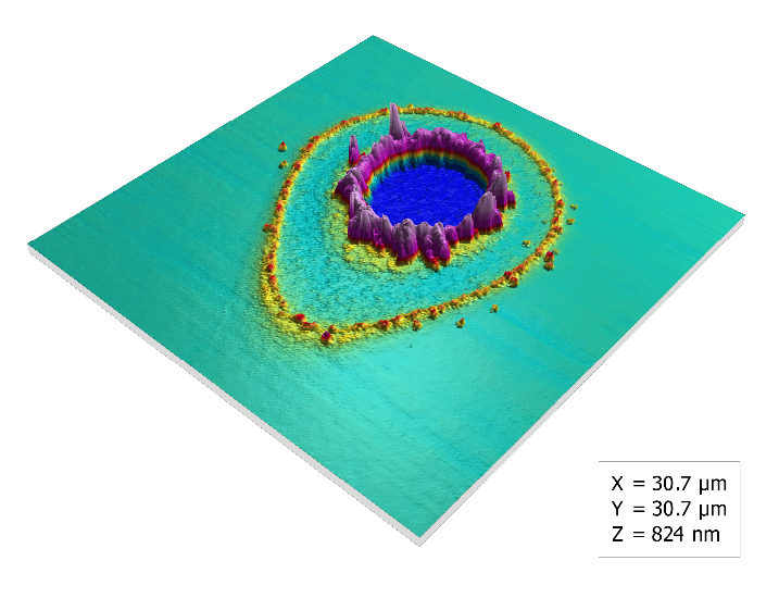 Damage crater on thin film